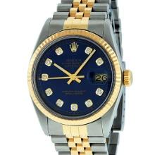 Rolex Mens Two Tone Blue Diamond Dial Datejust Wriswatch 36MM