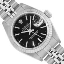 Rolex Ladies Stainless Steel Sapphire Quickset Black Index 18K White Gold Fluted