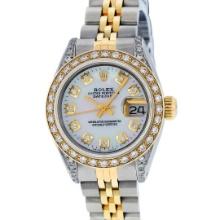 Rolex Ladies Quickset Two Tone White Diamond Lugs Datejust Wristwatch 26MM