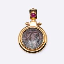 18K Yellow Gold Ruby & Ancient Roman Copper Coin Pendant