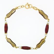 Italian Vintage 18K Yellow Gold Red Enamel & Pearl Detailed Fancy Link Bracelet