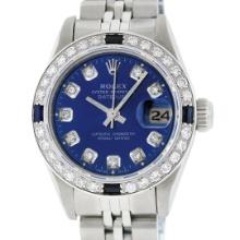 Rolex Ladies Quickset Stainless Steel Blue Diamond And Sapphire Datejust Wristwa