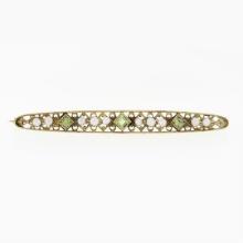 Antique Art Nouveau 14k Yellow Gold Peridot Seed Pearl Open Work Bar Pin Brooch