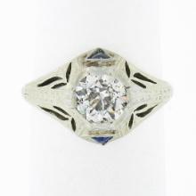 Antique Art Deco 18k Gold GIA Old European Diamond Sapphire Engagement Ring