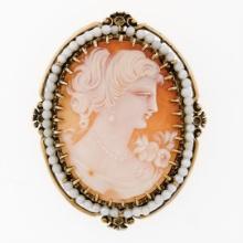 Large Vintage 14k Yellow Gold Carved Shell Cameo Pearl Frame Halo Brooch Pendant