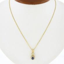 14K Gold 0.85 ctw Sapphire & Diamond Halo Cluster Dangle Pendant w/ 20" Box Chai