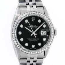 Rolex Mens Stainless Steel Black Diamond 36MM Datejust Wristwatch