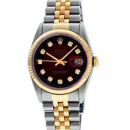 Rolex Mens Two Tone Red Vignette Diamond Dial Datejust Wriswatch 36MM