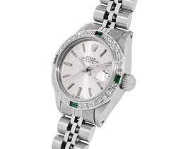 Rolex Ladies Stainless Steel Silver Index Diamond And Emerald Date Watch