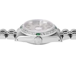 Rolex Ladies Stainless Steel Silver Index Diamond And Emerald Date Watch