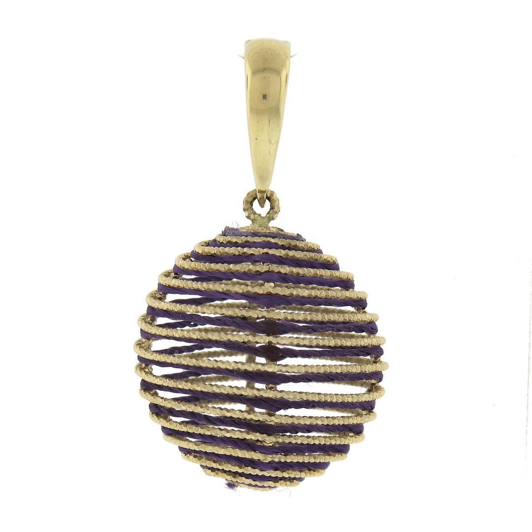 Milor 14k Gold Twisted Wire Coiled Ball Sphere Enhancer Pendant w/ Purple String