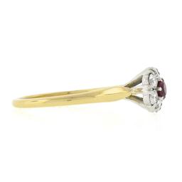 Vintage Jabel 18k Gold 0.40 ctw Round Brilliant Red Ruby w/ Diamond Halo Ring