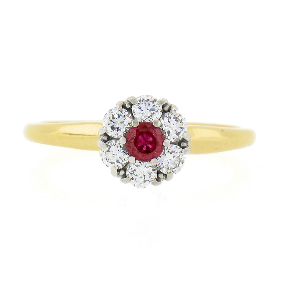 Vintage Jabel 18k Gold 0.40 ctw Round Brilliant Red Ruby w/ Diamond Halo Ring