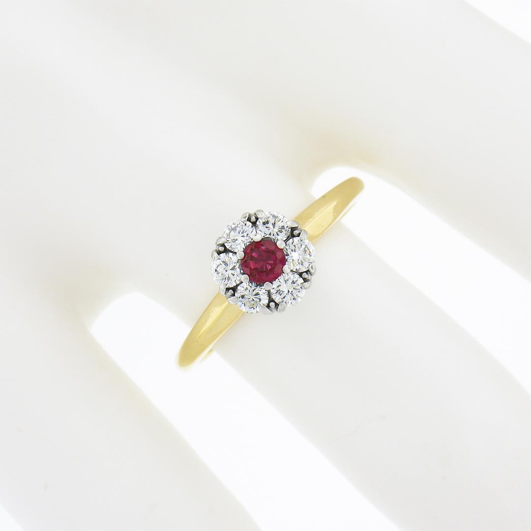 Vintage Jabel 18k Gold 0.40 ctw Round Brilliant Red Ruby w/ Diamond Halo Ring