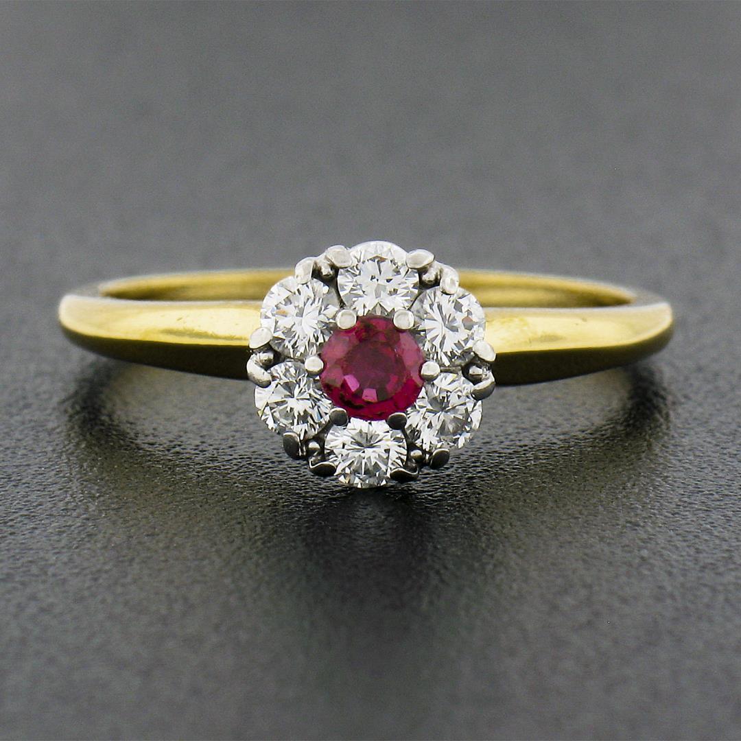 Vintage Jabel 18k Gold 0.40 ctw Round Brilliant Red Ruby w/ Diamond Halo Ring