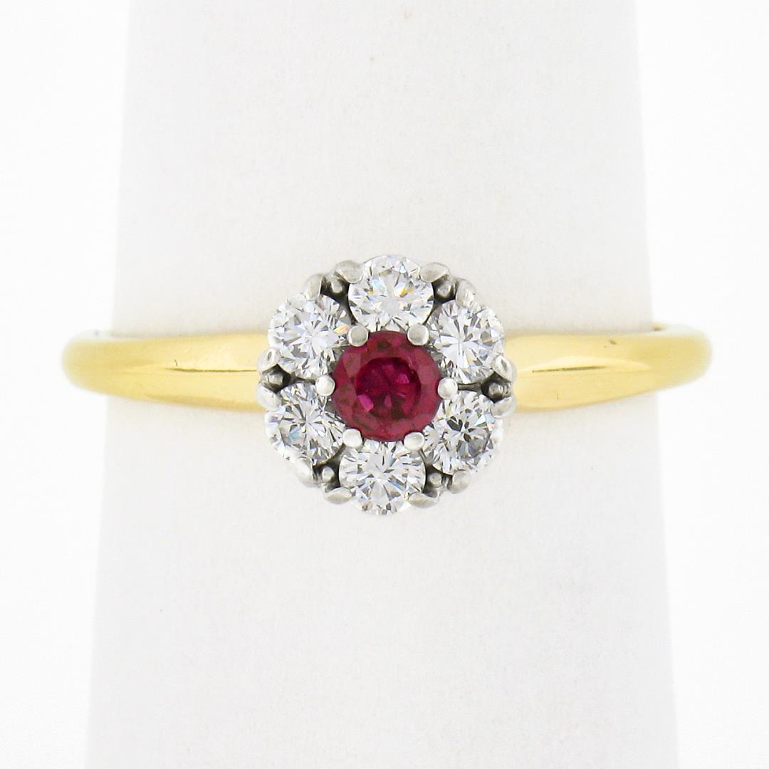 Vintage Jabel 18k Gold 0.40 ctw Round Brilliant Red Ruby w/ Diamond Halo Ring