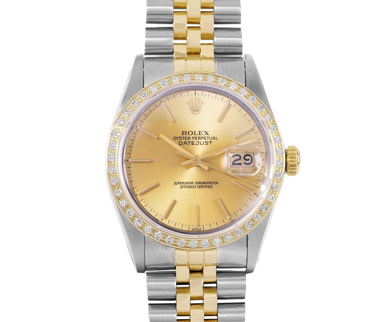Rolex Mens Two Tone Champagne Index Dial 18K Yellow Gold Diamond Bezel Datejust