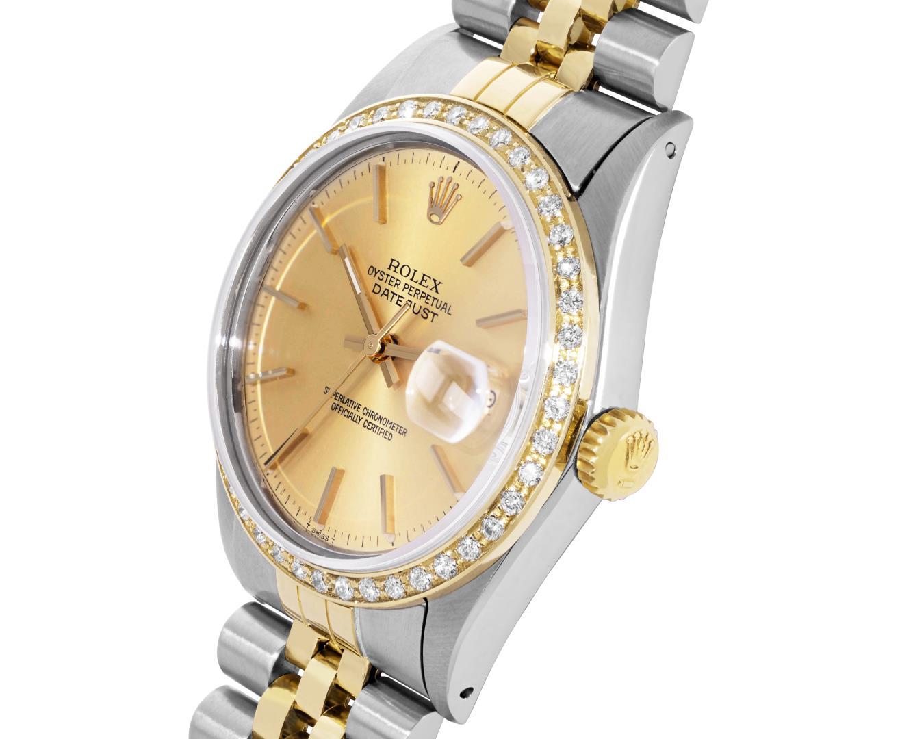 Rolex Mens Two Tone Champagne Index Dial 18K Yellow Gold Diamond Bezel Datejust