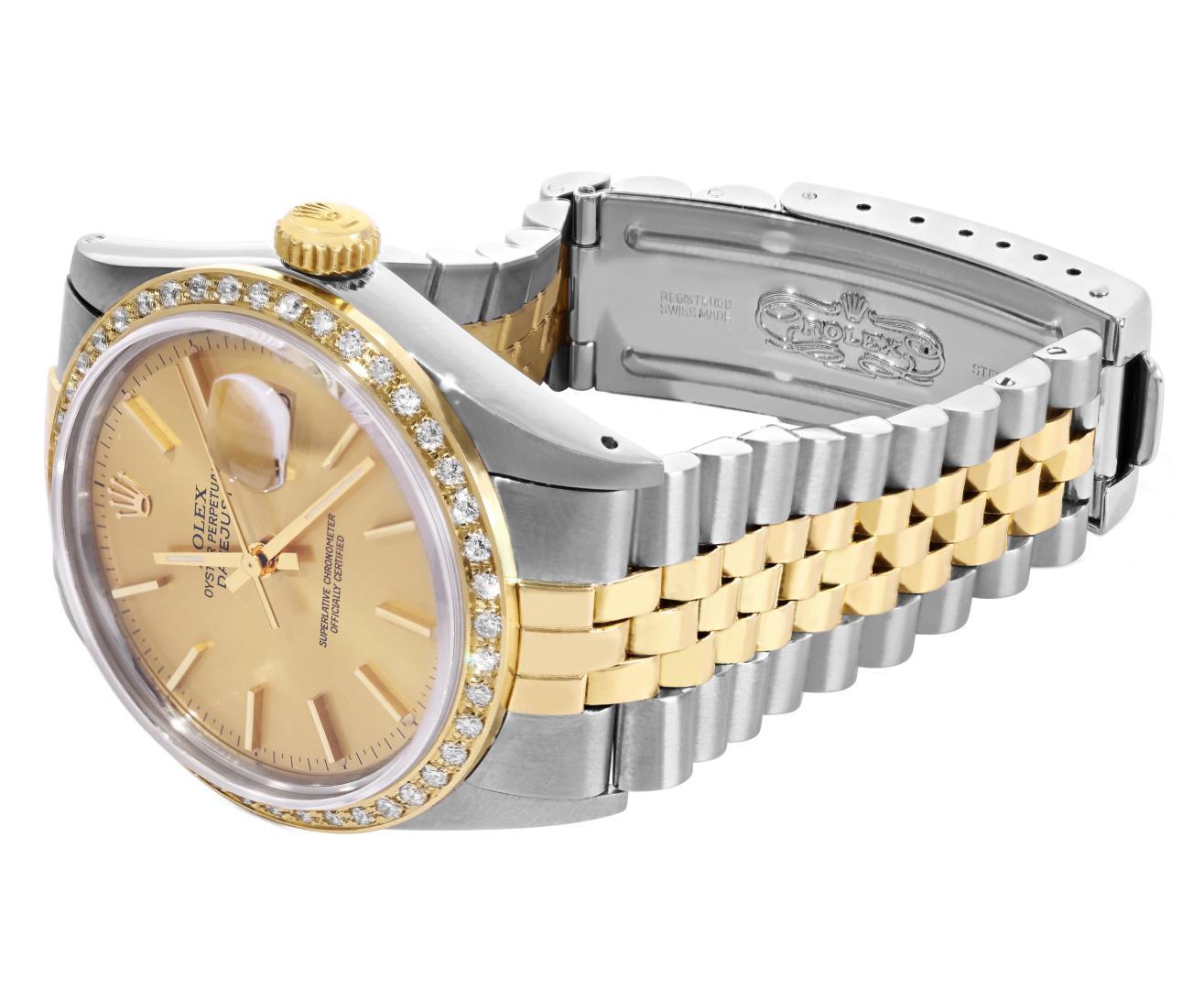 Rolex Mens Two Tone Champagne Index Dial 18K Yellow Gold Diamond Bezel Datejust