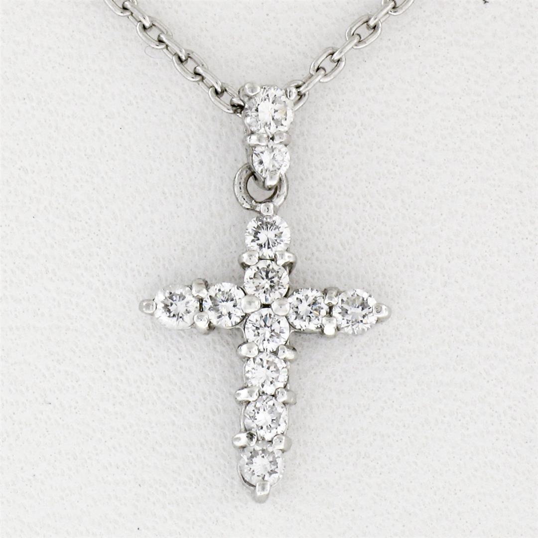 Petite Solid Platinum .30 ctw Round Brilliant Diamond Simple Cross Pendant & Cha
