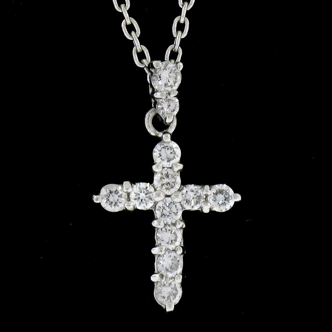 Petite Solid Platinum .30 ctw Round Brilliant Diamond Simple Cross Pendant & Cha