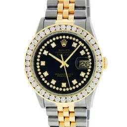 Rolex Mens Two Tone Black String 3CTW Channel Set Diamond Datejust Wristwatch 36