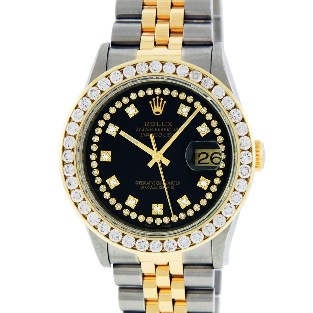 Rolex Mens Two Tone Black String 3CTW Channel Set Diamond Datejust Wristwatch 36