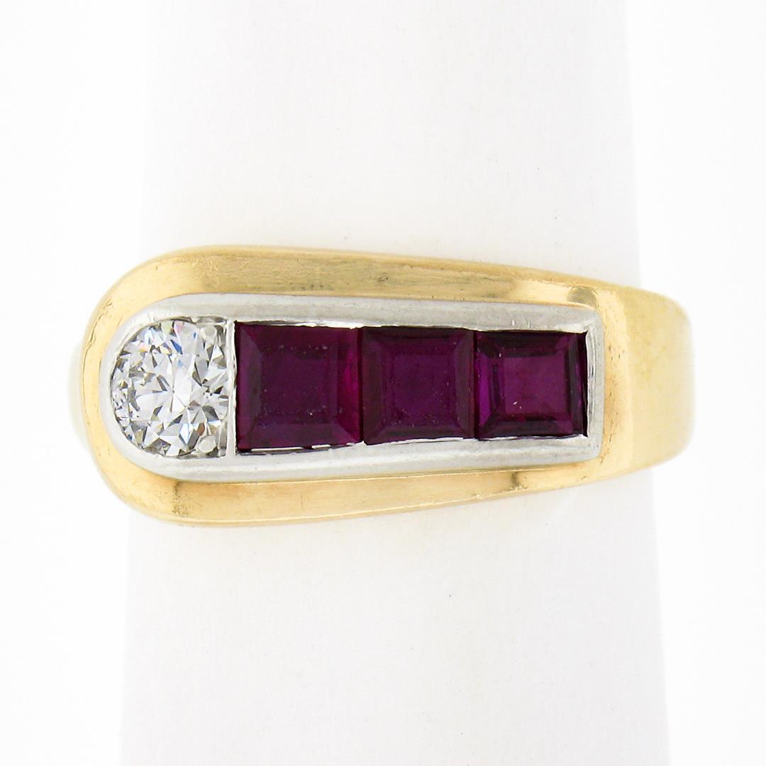 Maurice Tishman Retro 14K Gold & Platinum Diamond & Ruby Buckle Style Band Ring