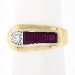 Maurice Tishman Retro 14K Gold & Platinum Diamond & Ruby Buckle Style Band Ring