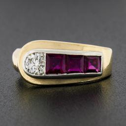 Maurice Tishman Retro 14K Gold & Platinum Diamond & Ruby Buckle Style Band Ring