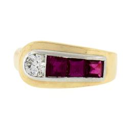 Maurice Tishman Retro 14K Gold & Platinum Diamond & Ruby Buckle Style Band Ring