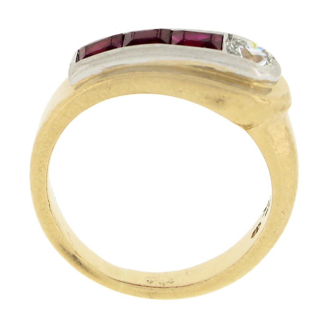 Maurice Tishman Retro 14K Gold & Platinum Diamond & Ruby Buckle Style Band Ring