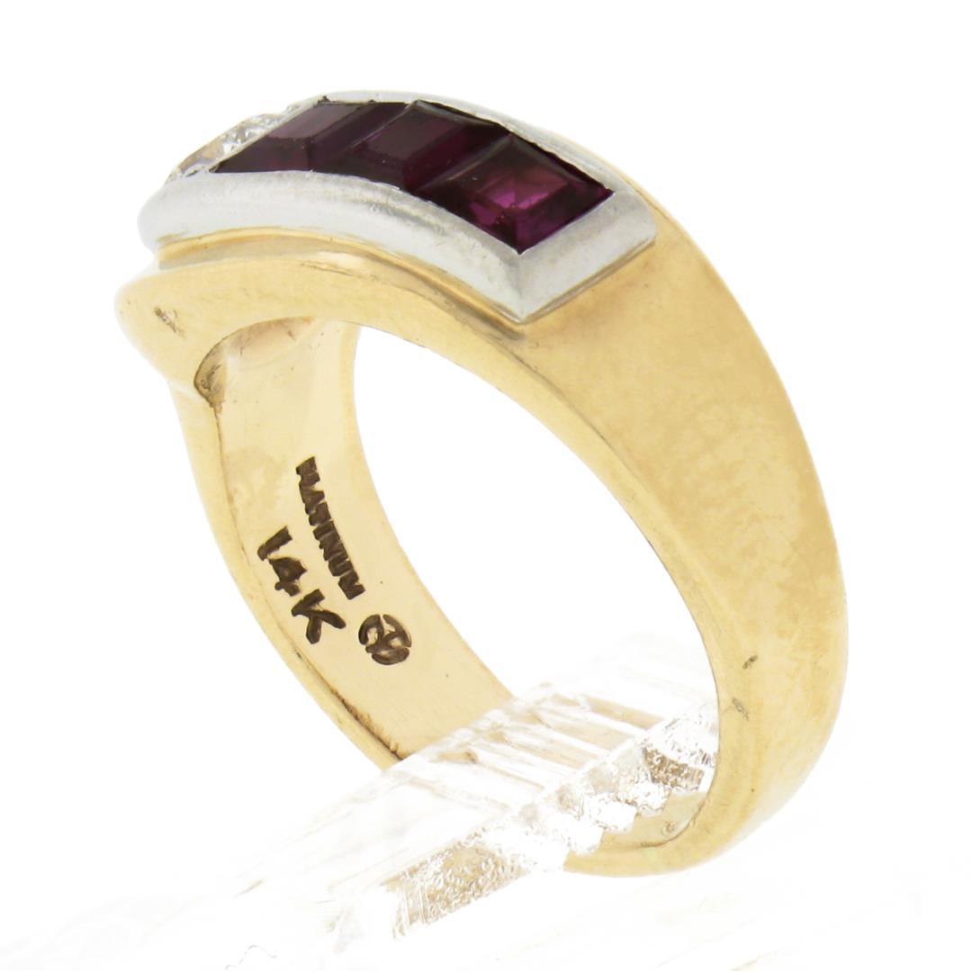Maurice Tishman Retro 14K Gold & Platinum Diamond & Ruby Buckle Style Band Ring