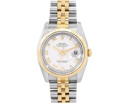 Rolex Mens Two Tone Sapphire Quickset White Roman Dial Datejust With Rolex Box