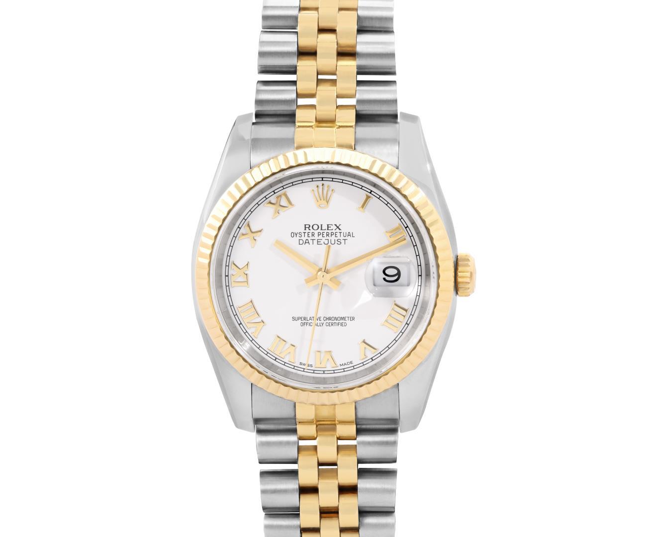 Rolex Mens Two Tone Sapphire Quickset White Roman Dial Datejust With Rolex Box