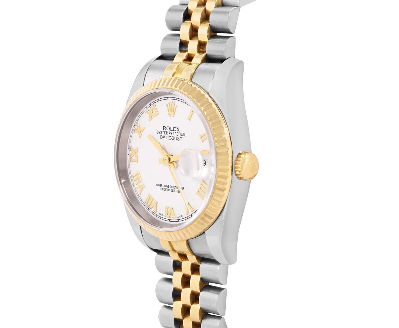 Rolex Mens Two Tone Sapphire Quickset White Roman Dial Datejust With Rolex Box