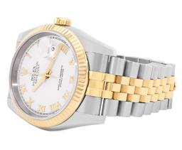 Rolex Mens Two Tone Sapphire Quickset White Roman Dial Datejust With Rolex Box