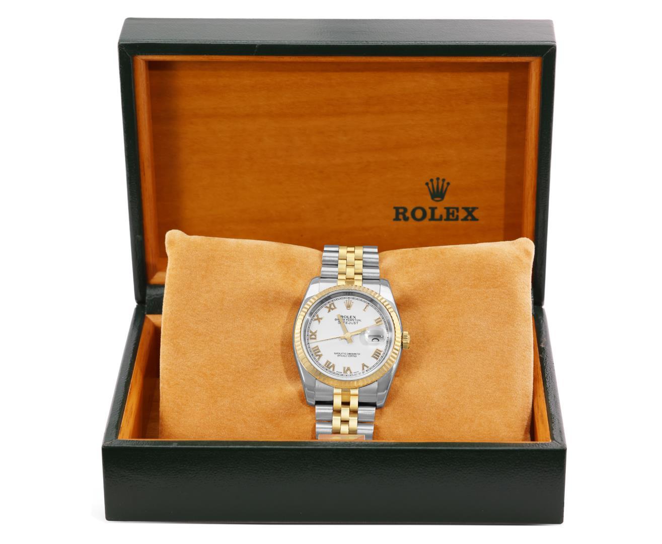 Rolex Mens Two Tone Sapphire Quickset White Roman Dial Datejust With Rolex Box