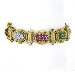 14K Gold Sapphire Ruby Emerald Diamond MultiColor Cluster & Column Link Bracelet