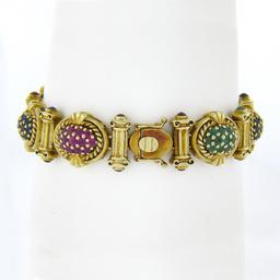 14K Gold Sapphire Ruby Emerald Diamond MultiColor Cluster & Column Link Bracelet
