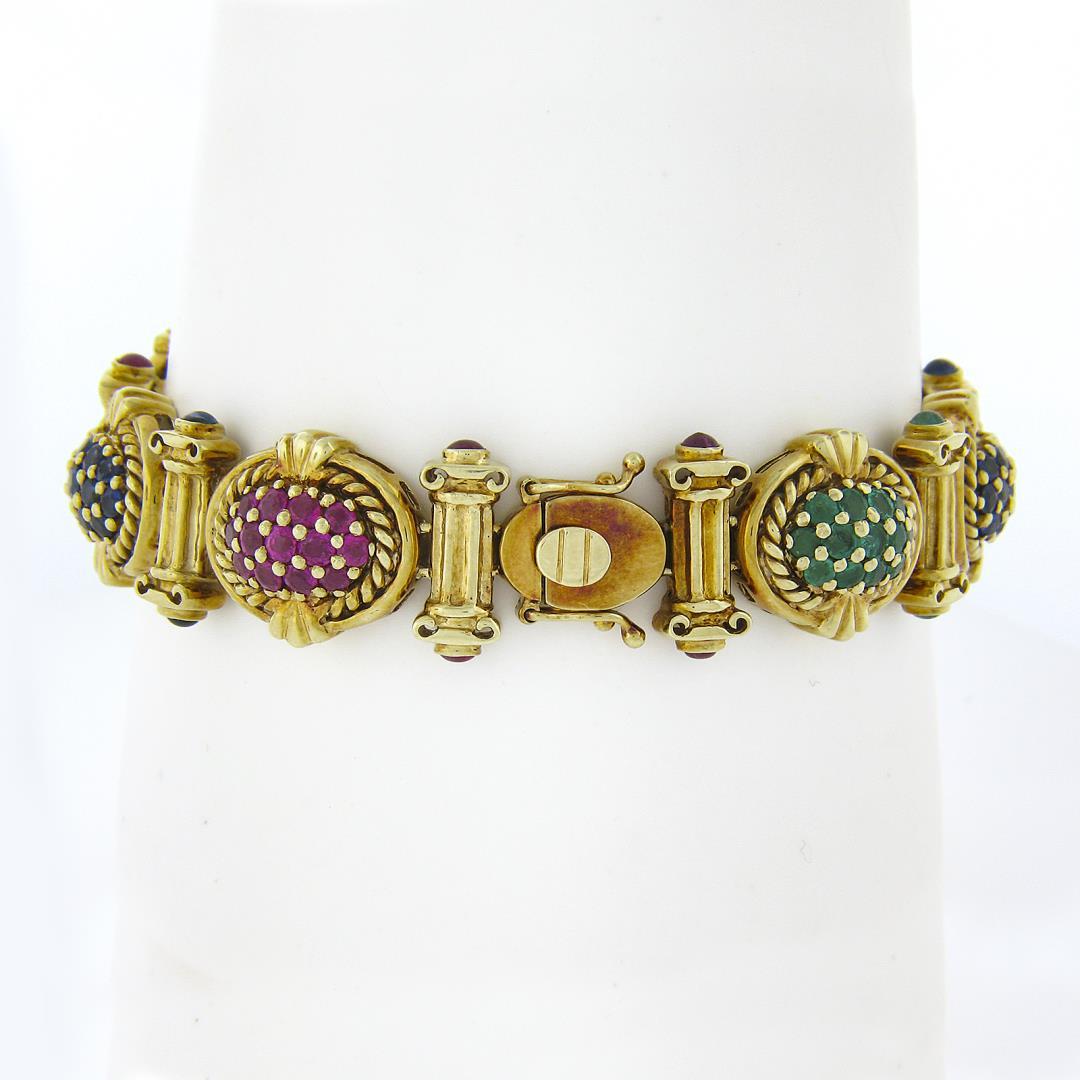 14K Gold Sapphire Ruby Emerald Diamond MultiColor Cluster & Column Link Bracelet