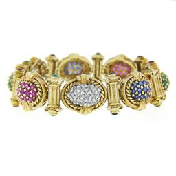 14K Gold Sapphire Ruby Emerald Diamond MultiColor Cluster & Column Link Bracelet