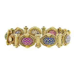 14K Gold Sapphire Ruby Emerald Diamond MultiColor Cluster & Column Link Bracelet