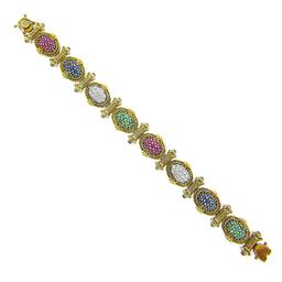 14K Gold Sapphire Ruby Emerald Diamond MultiColor Cluster & Column Link Bracelet