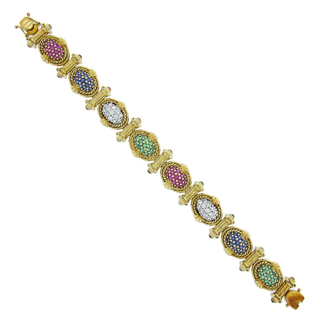 14K Gold Sapphire Ruby Emerald Diamond MultiColor Cluster & Column Link Bracelet