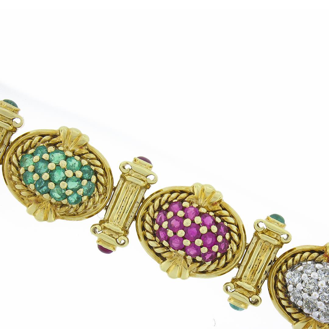 14K Gold Sapphire Ruby Emerald Diamond MultiColor Cluster & Column Link Bracelet
