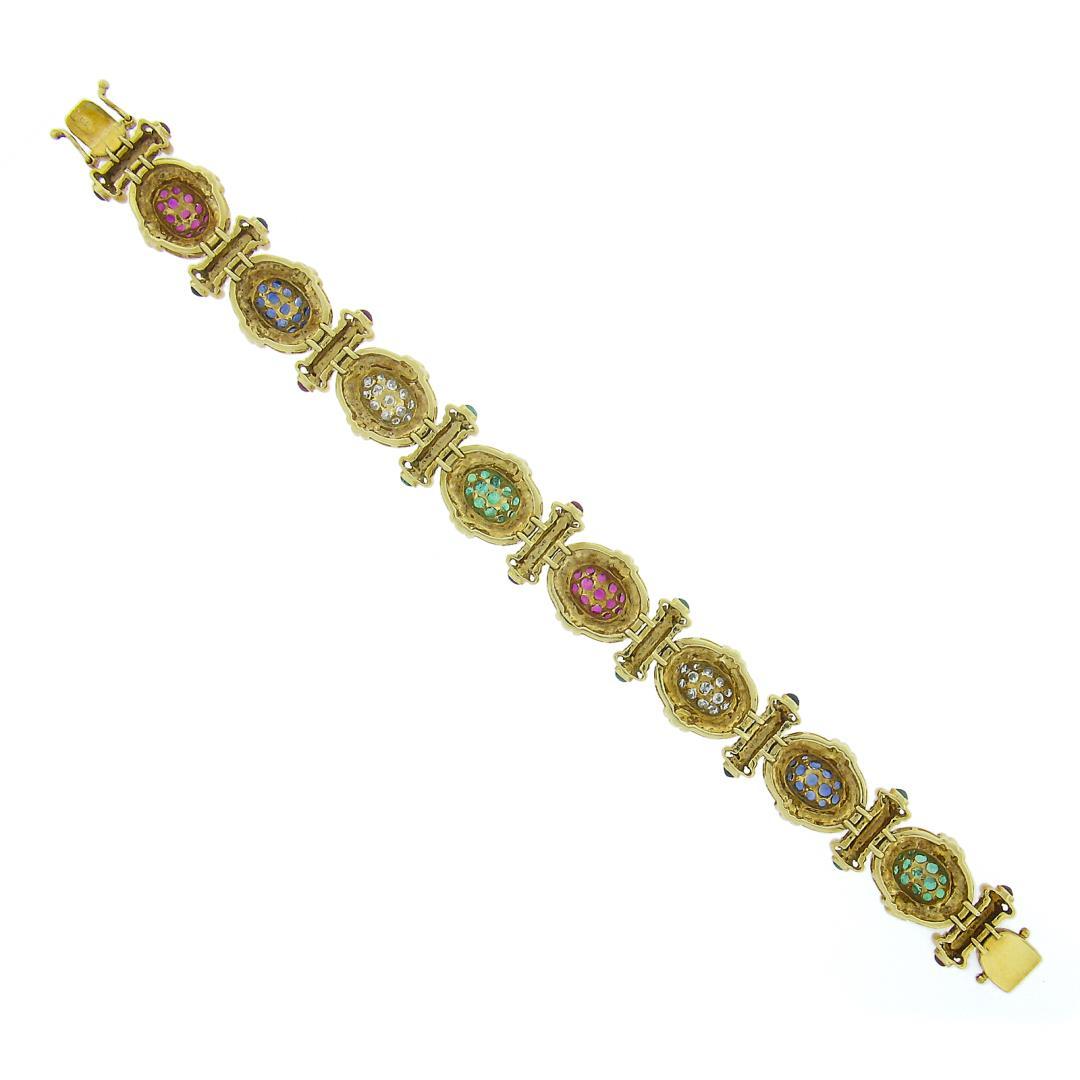 14K Gold Sapphire Ruby Emerald Diamond MultiColor Cluster & Column Link Bracelet