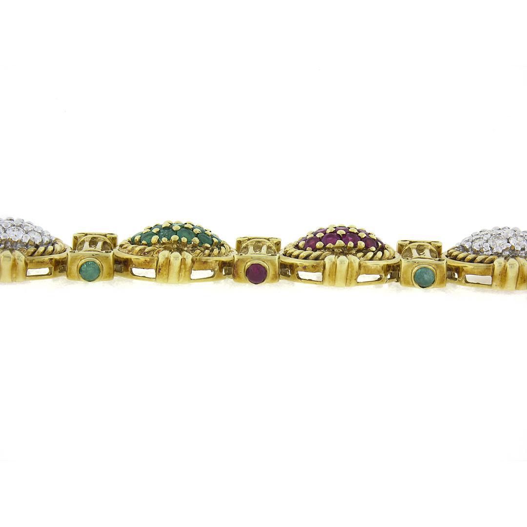 14K Gold Sapphire Ruby Emerald Diamond MultiColor Cluster & Column Link Bracelet