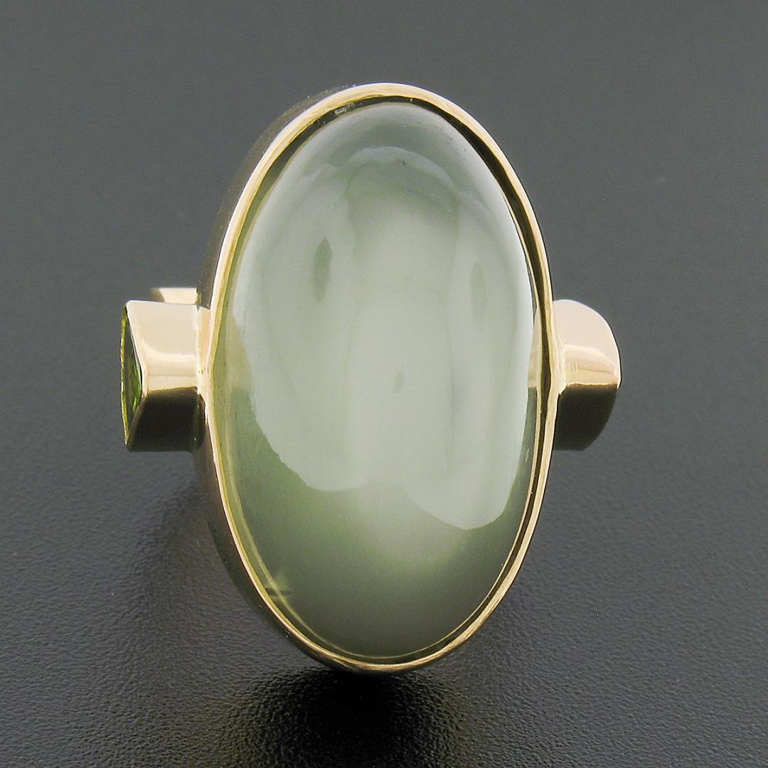 22K Gold Large GIA Oval Cabochon Bezel Cat's Eye Moonstone Trillion Peridot Ring