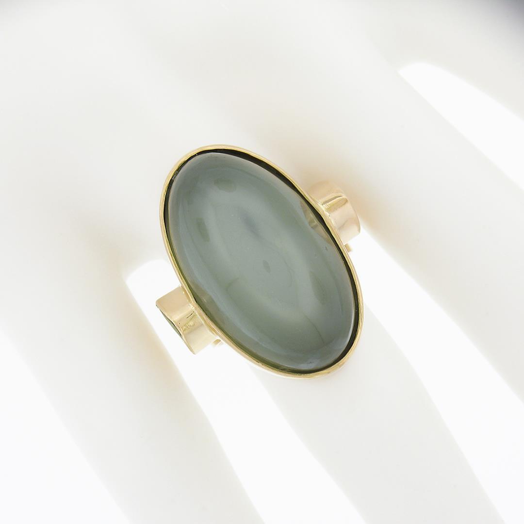 22K Gold Large GIA Oval Cabochon Bezel Cat's Eye Moonstone Trillion Peridot Ring